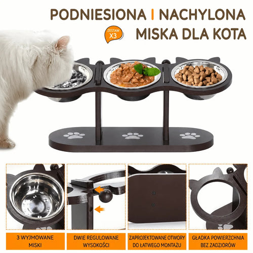 Miska dla kota na podwyższeniu z 3 stalowymi miskami – Ergonomiczne karmienie i oszczędność miejsca