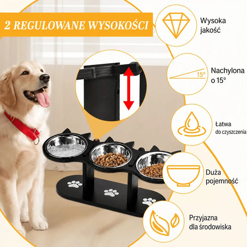 Miska dla kota na podwyższeniu z 3 stalowymi miskami – Ergonomiczne karmienie i oszczędność miejsca