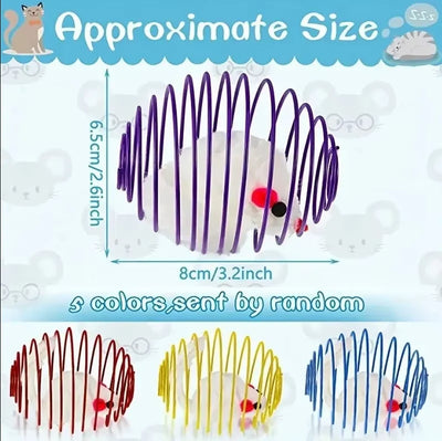 Wymiary zabawki dla kota z myszką w spiralnej klatce: 6,5 cm wysokości i 8 cm szerokości, dostępne 3 kolory.