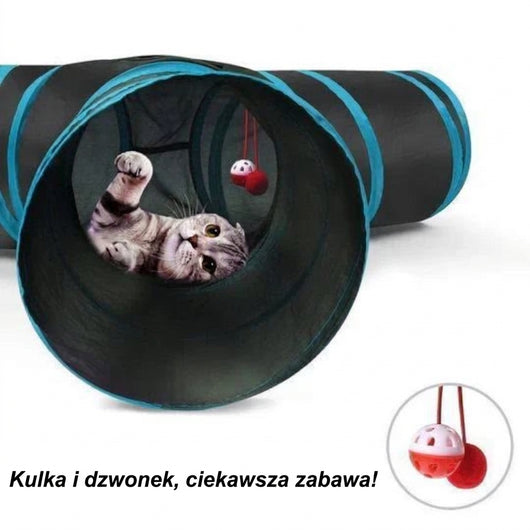 Kot bawiący się wewnątrz czarnego tunelu z niebieskimi wykończeniami i wiszącą zabawką z dzwonkiem