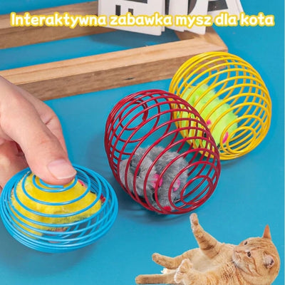 Interaktywna zabawka dla kota z myszką w kolorowej spiralnej klatce
